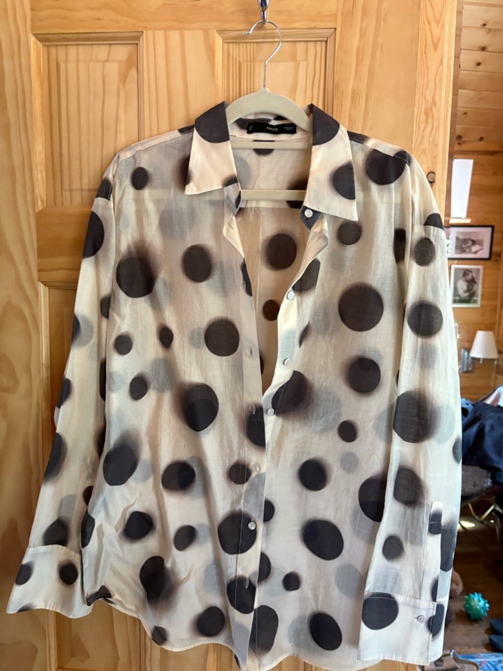 Mango Beige and Black Polka Dot Button-Up Blouse